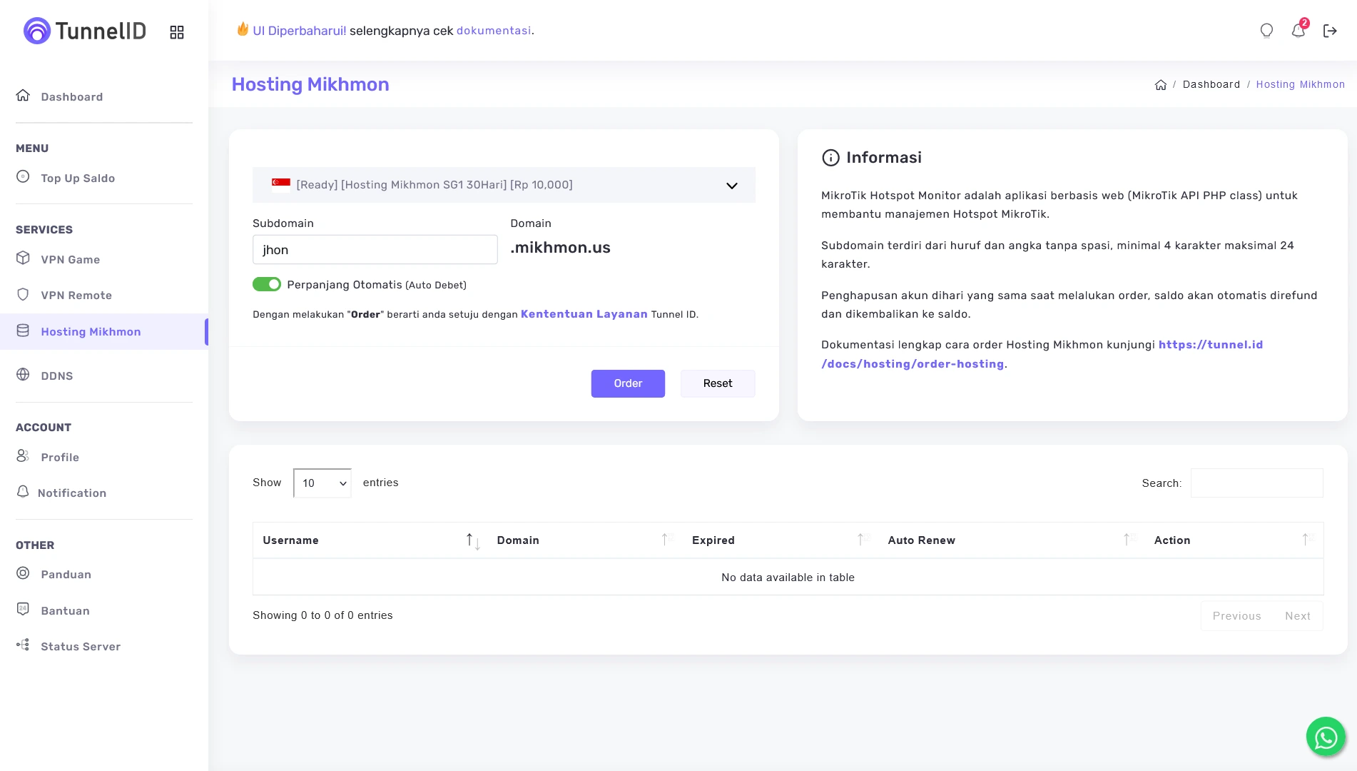 Tunnel ID Order Hosting Mikhmon
