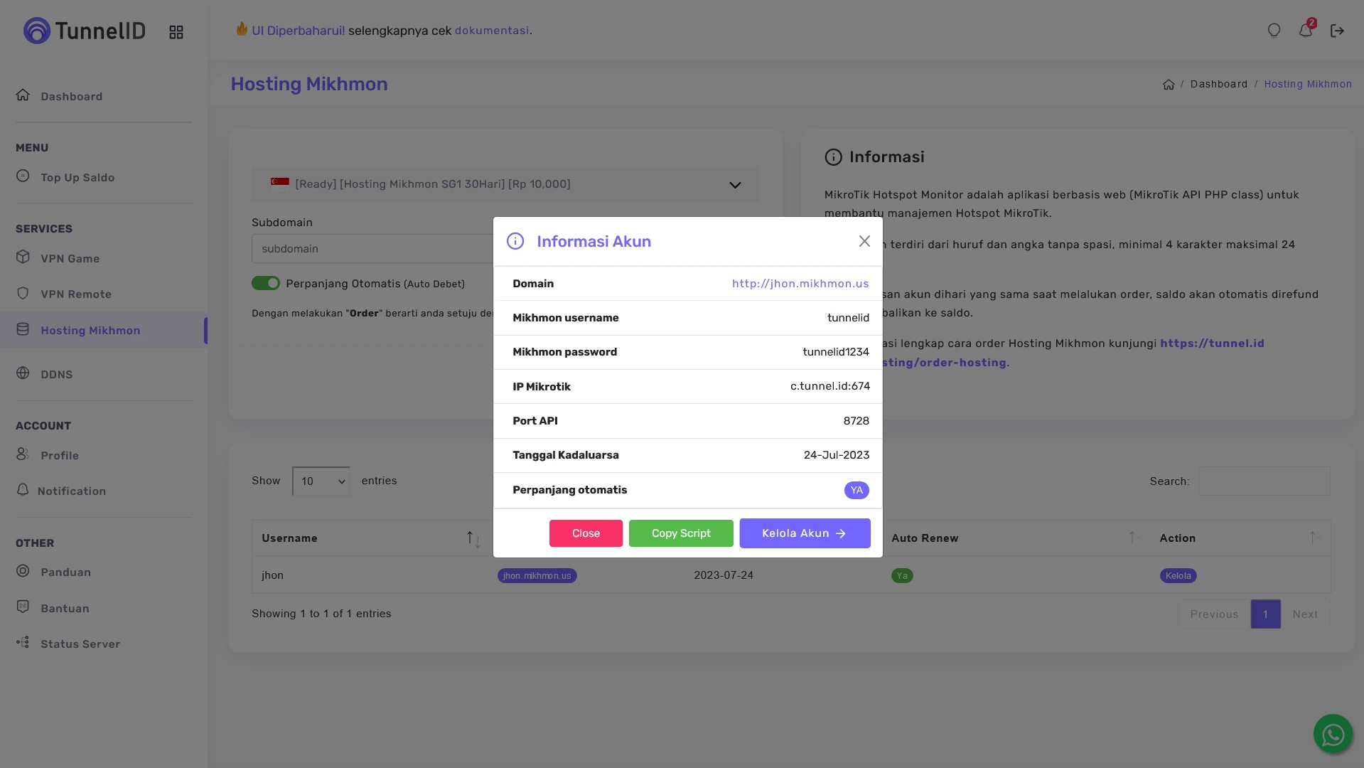 Tunnel ID Order Hosting Mikhmon 2