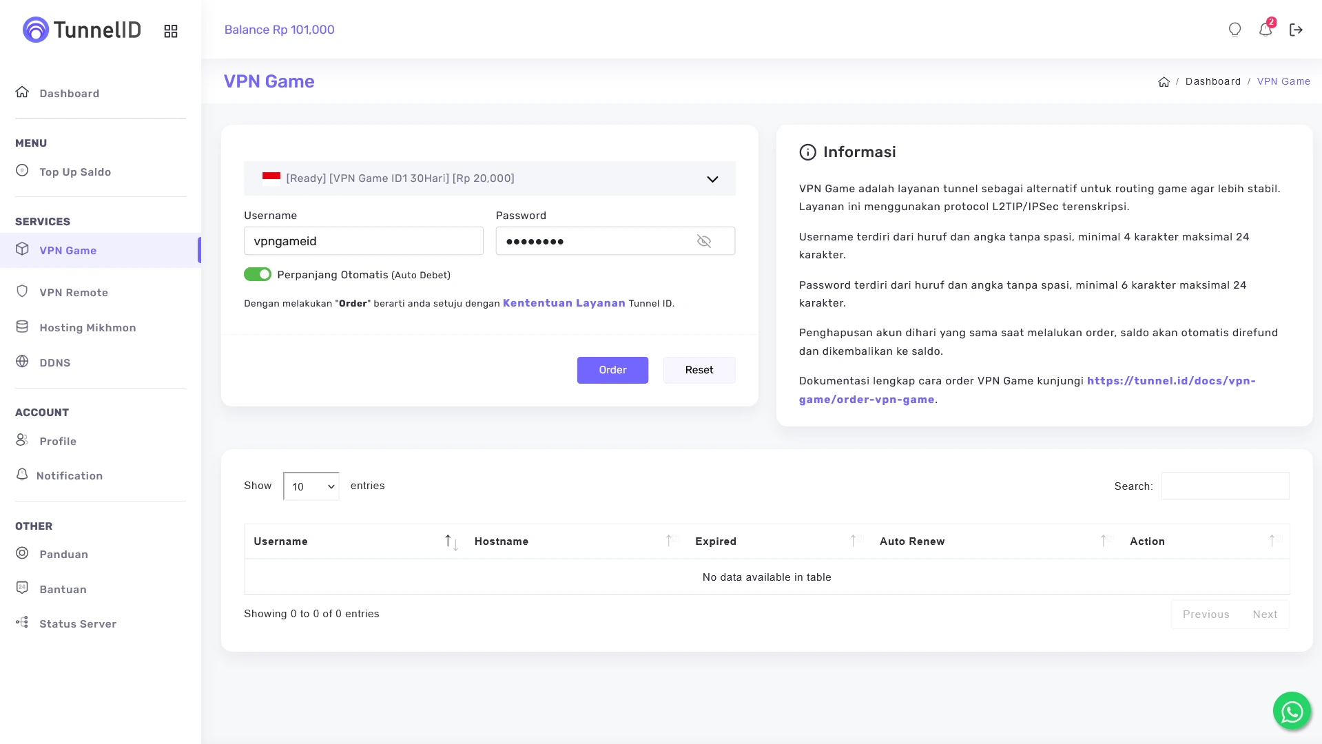 Tunnel ID Order VPN Game